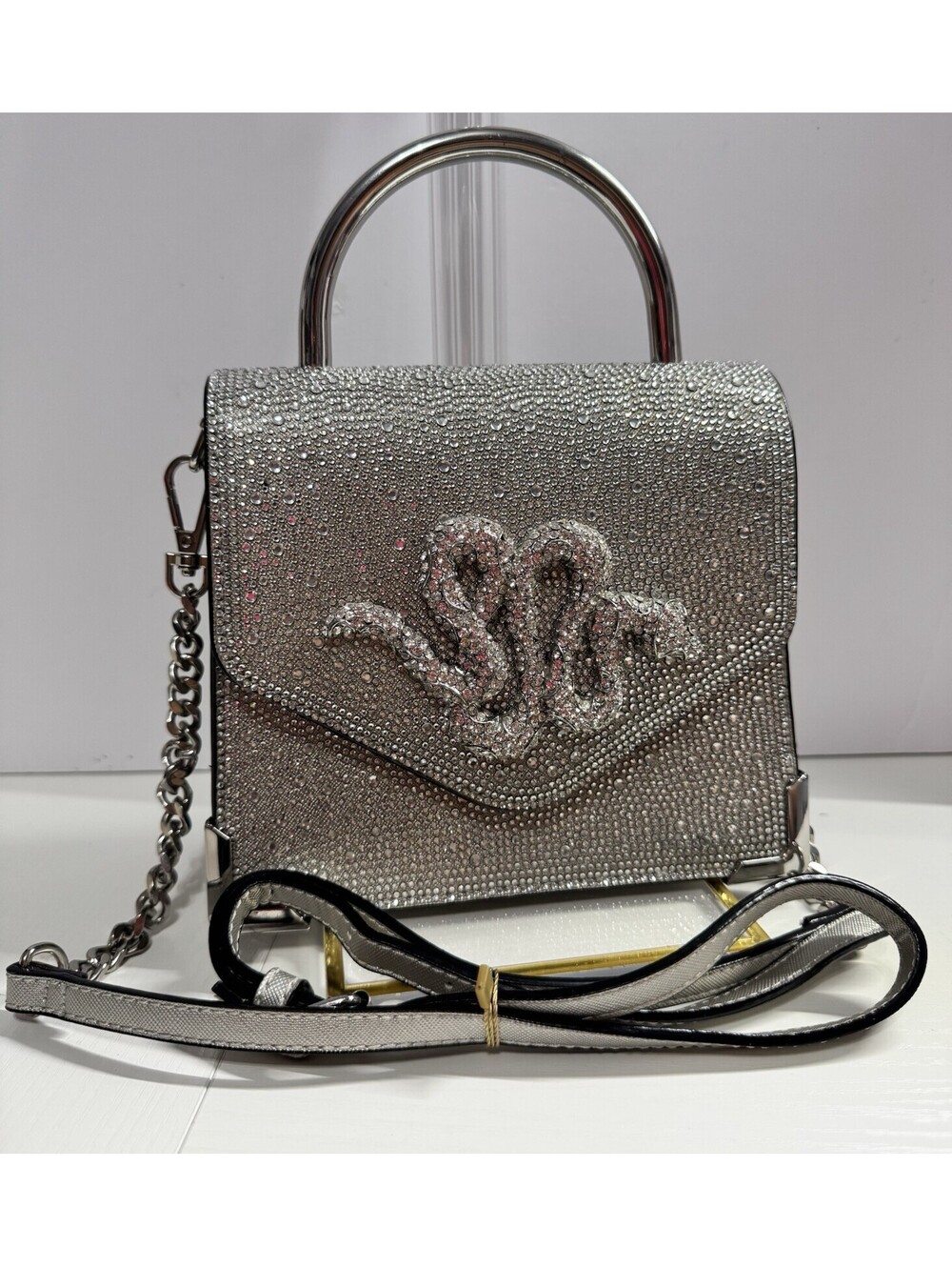 Aldo Kedaydiagem Top Handle Silver Rhinestone Snake Emblem Crossbody Hand Bag